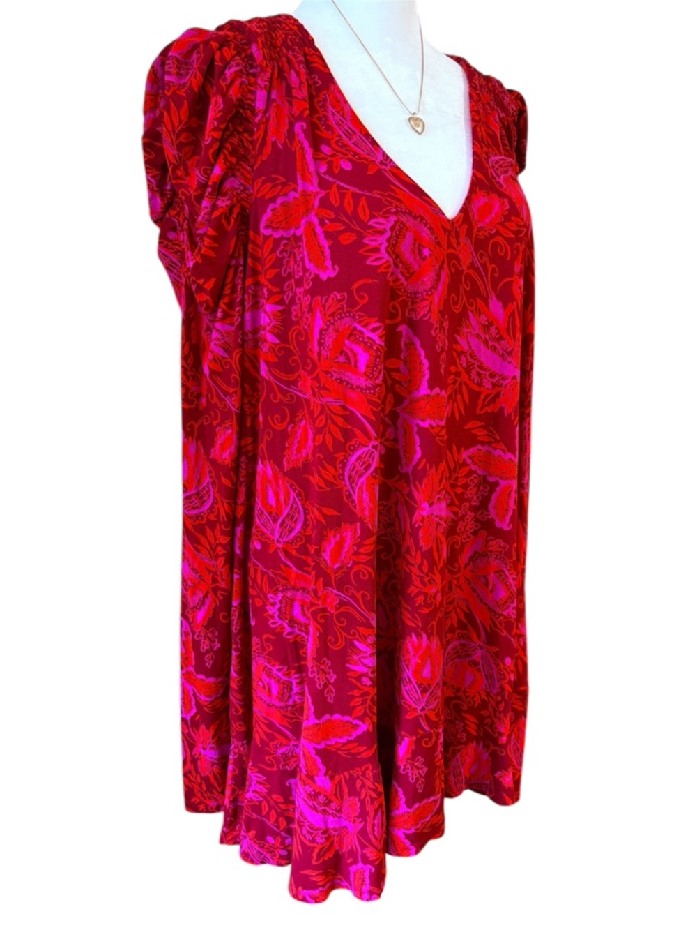 Free People Hello Lover Red Floral Ruched  Sleeve Tunic Size Large flowy boho